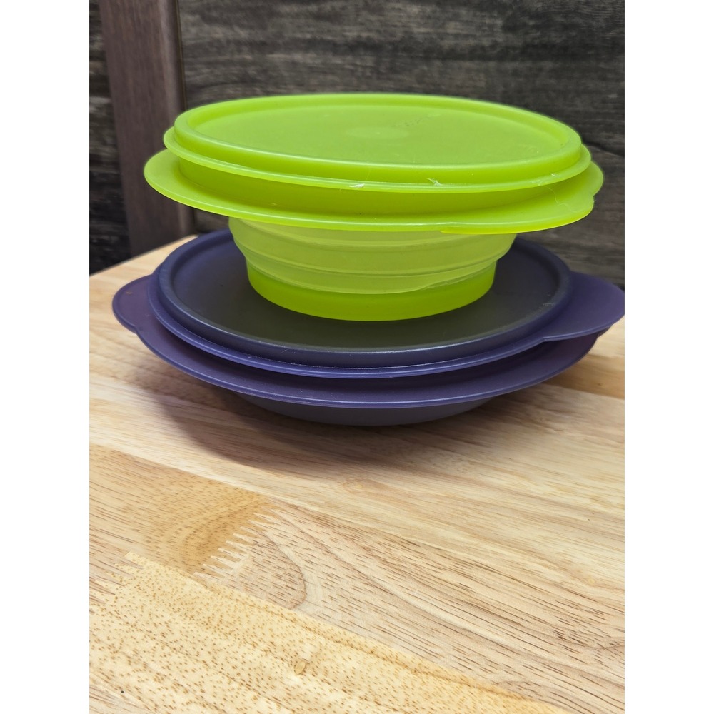 Tupperware FlatOut Collapsible Storage Bowls 3 Cup 700ml Green Purple Set of 2